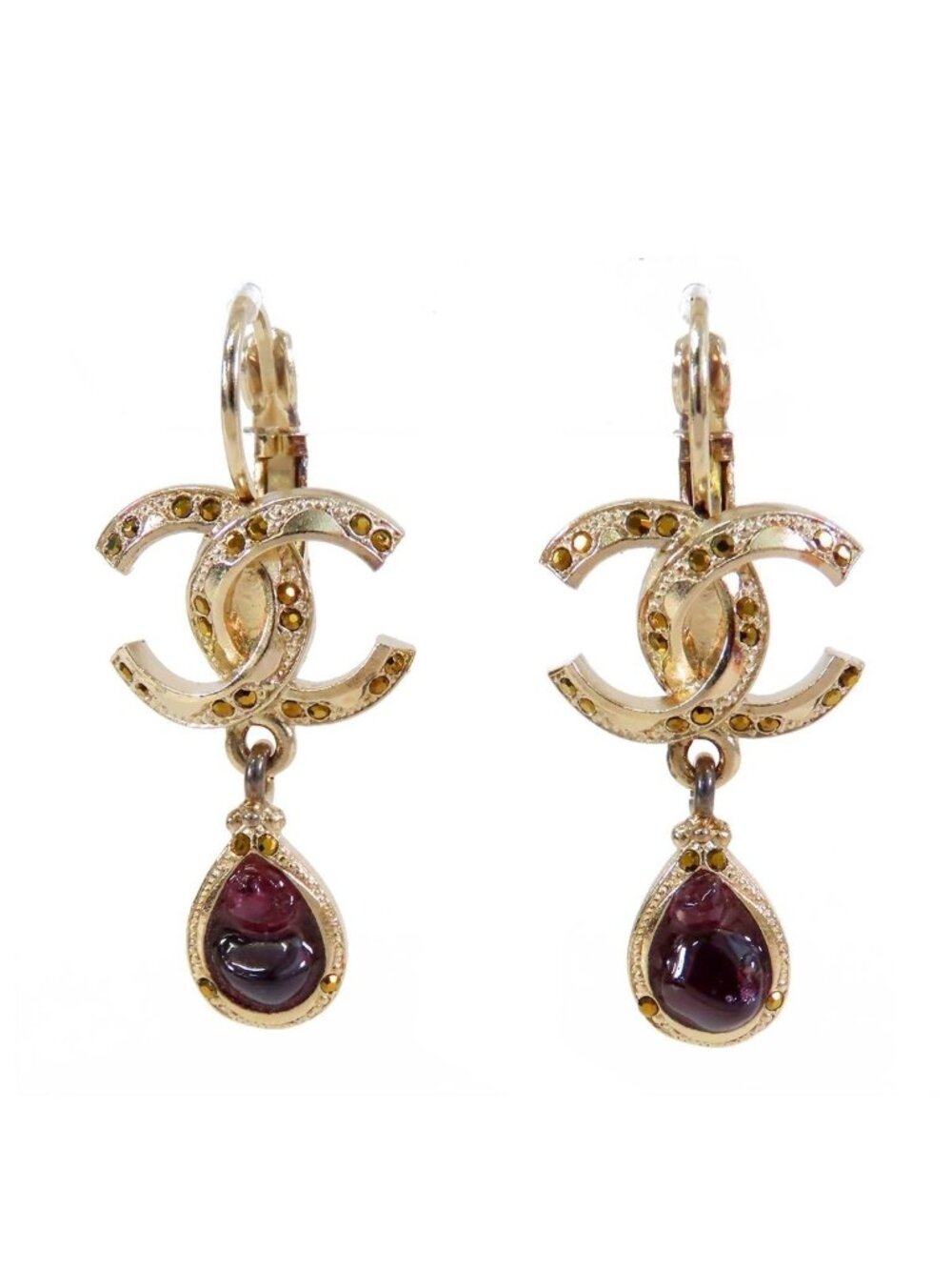 Chanel 12A Earrings Gold Metal Rhinestone CC Logo Hook Swing Color Stone 12